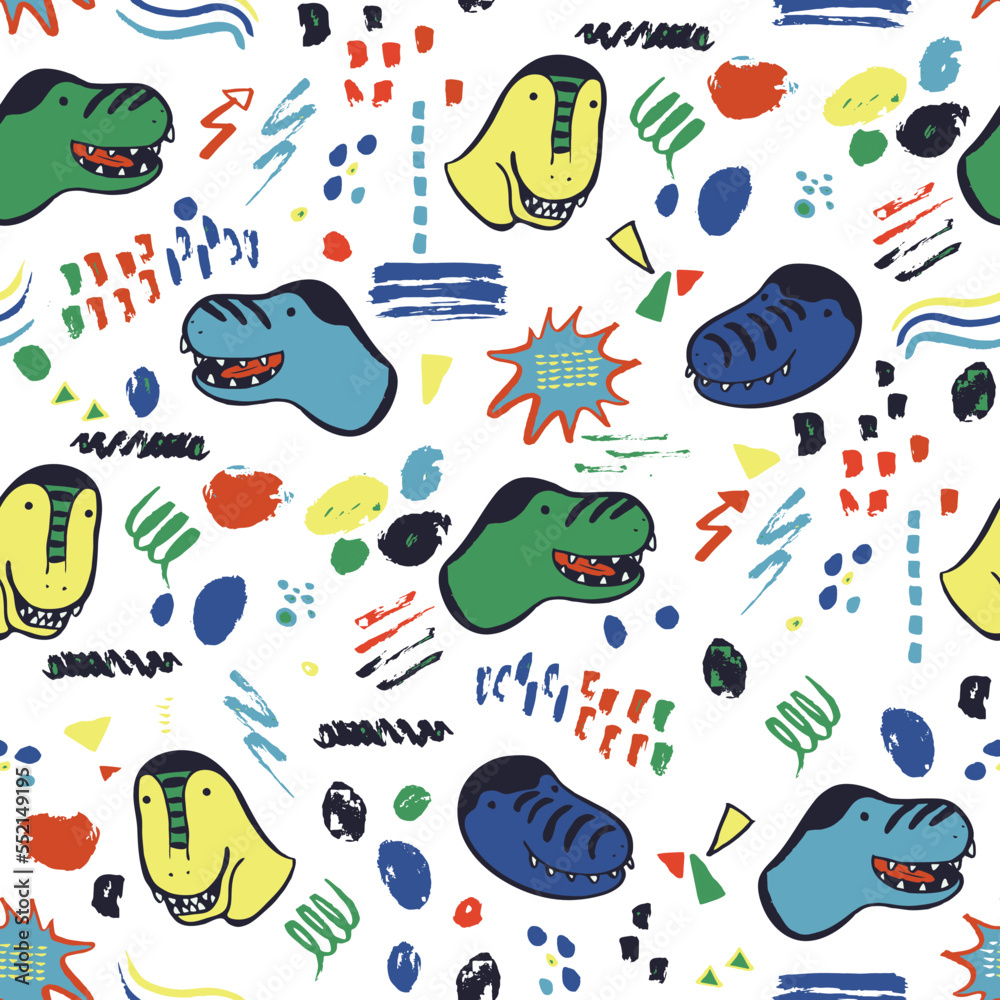 Dinosaurs funny doodle vector seamless pattern.