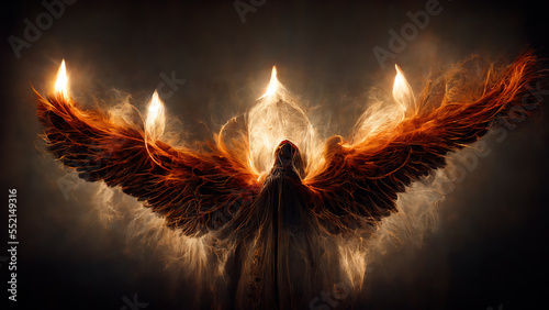 Fallen angel of death. Lucifer with glowing fire wings