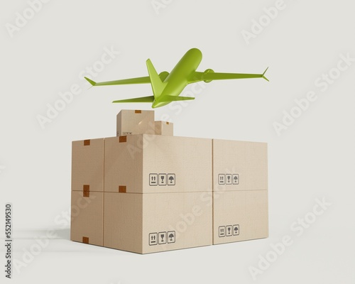 Cargo transportation by air. Boxes with goods and an airplane. Logistics operations and transportation. 3d rendering.