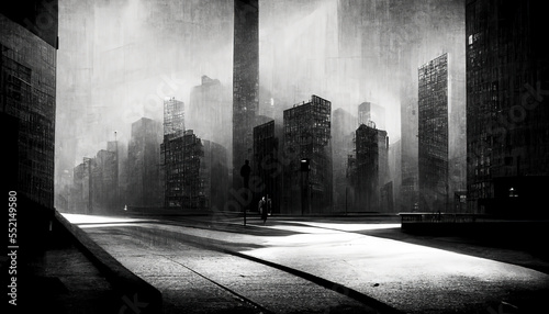 Vintage misty city streets with buildings on both sides. Muted sin city style. 