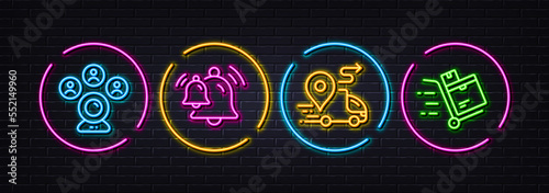 Delivery, Video conference and Bell minimal line icons. Neon laser 3d lights. Inventory cart icons. For web, application, printing. Truck route, Online meeting, Alarm bell. Warehouse goods. Vector