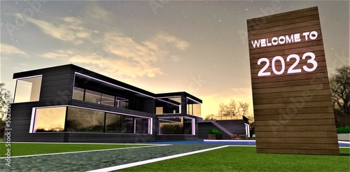 Welcome to 2023. Illuminated inscription on a wooden stand at the entrance to the territory of an elite estate. A suitable gift for the New Year. 3d rendering.