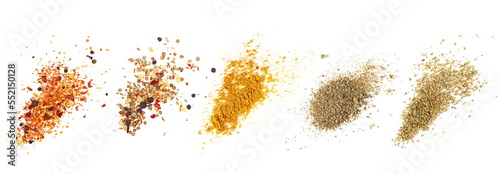 Set spice, spicy mixture of spices, garam masala, caribbean curry pile, caribbean mix seasoning, oregano isolated on white, clipping