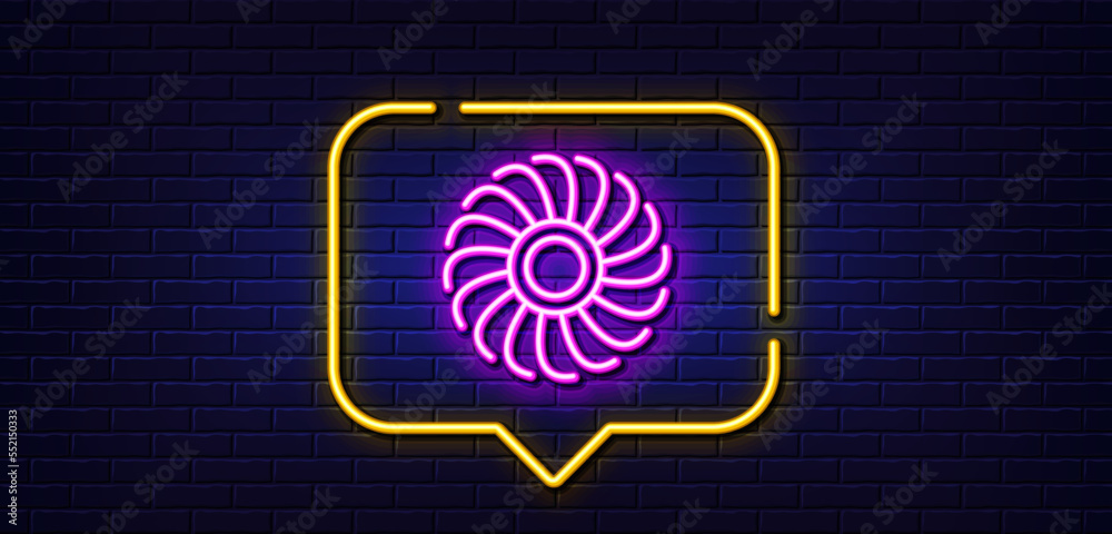 Neon light speech bubble. Fan engine line icon. Jet turbine sign. Ventilator symbol. Neon light background. Fan engine glow line. Brick wall banner. Vector