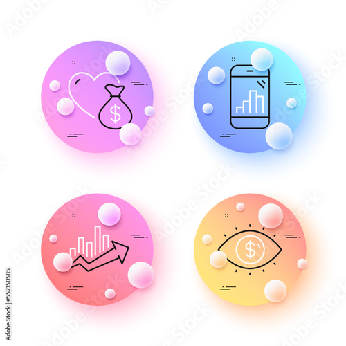 Graph phone, Donation and Growth chart minimal line icons. 3d spheres or balls buttons. Business vision icons. For web, application, printing. Mobile statistics, Fundraising, Sale diagram. Vector