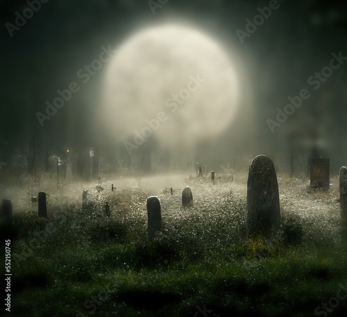 Spooky cemetery landscape with old tombstones and fog. Full moon spooky horror landscape.