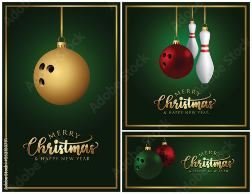 Bowling Christmas Balls and pins- Merry christmas Greeting Card - banner - vector design illustration - Set of Green Background