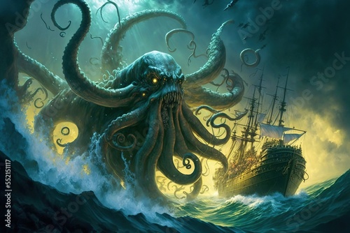 A giant octopus kraken monster attacking a pirate ship in the dark ocean, generative ai photo