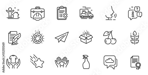Outline set of Weather forecast, Ranking and Hold t-shirt line icons for web application. Talk, information, delivery truck outline icon. Vector