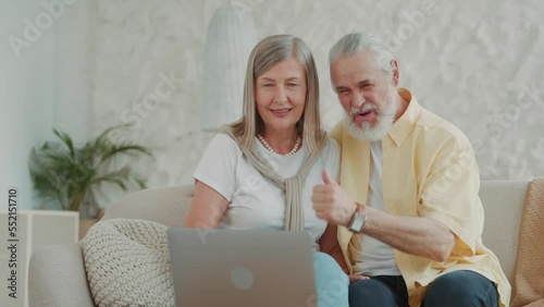 Portrait of happy senior man and woman hugging talking smiling on video call use laptop waving hands. Cheerful elderly couple sits on couch. Enjoying communication. Slow motion.