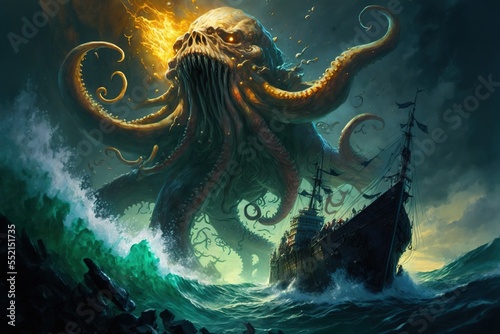 A giant Kraken monster attacking a pirate ship, blue ocean, generative AI