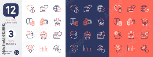 Set of Info, Payment protection and Vip award line icons. Include Graph chart, Growth chart, Shopping icons. Bitcoin coin, Donation, Discount web elements. Food donation. Bicolor outline icon. Vector