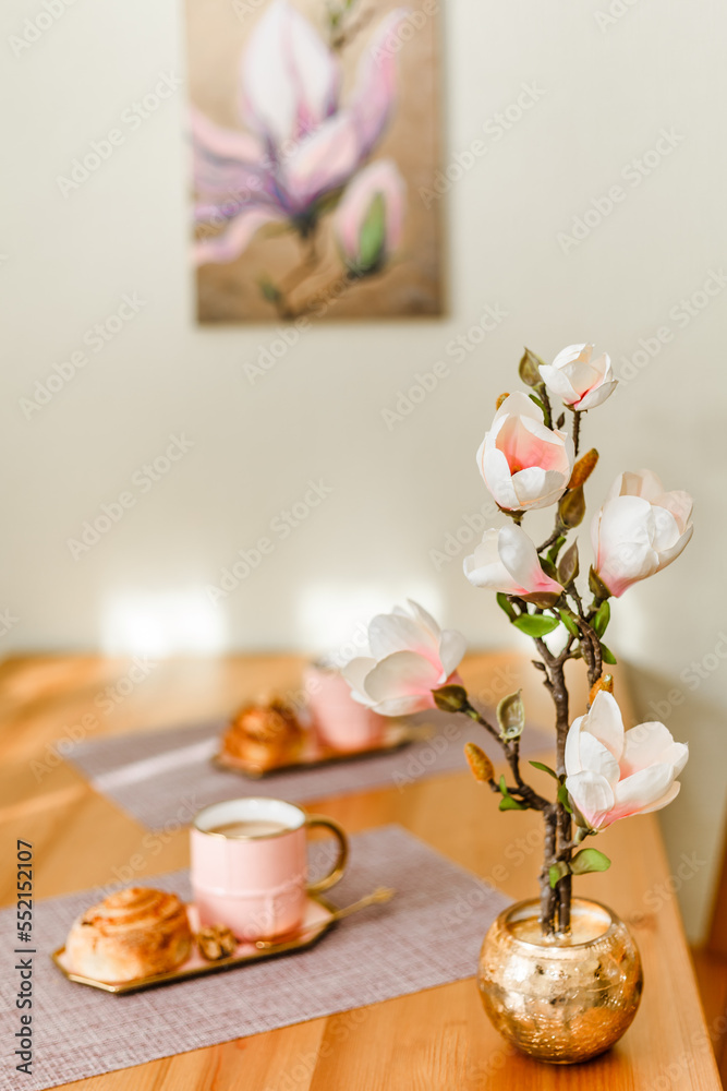 breakfast buffet for two with coffee and croissants sunny morning in the kitchen family home comfort