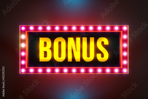 Bonus - extra payment. Golden capital letters framed by illuminated light bulbs. Winning, casino, gambling, roulette, bingo, entertainment events or reward and extra cash.