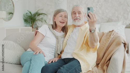 Happy elderly couple chatting online with their relatives and children waving hands sitting on sofa at home. Smiling. Modern apartment. Communication