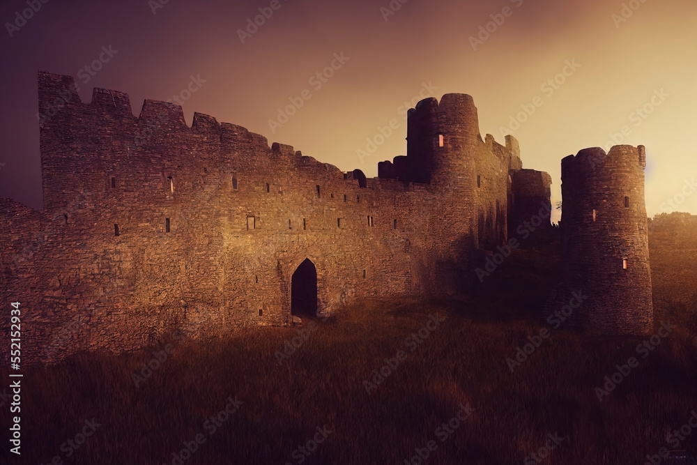 Obraz premium Fantasy medieval castle ruins. Beautiful landscape. Ancient stone walls. Brick stone tower. 