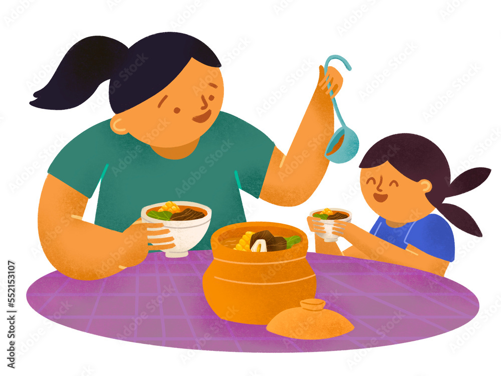 Filipino mother and daughter sharing bulalo in palayok Filipino mother and daughter sharing bulalo in palayok