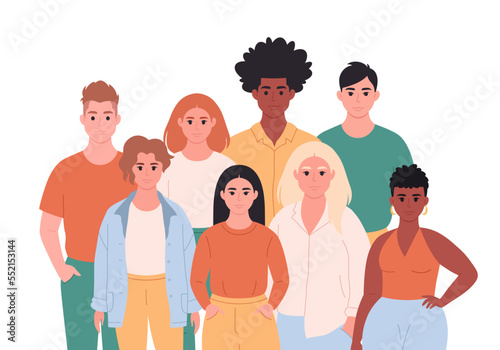 Group of young people of different races, appearances. Multicultural society. Social diversity of people in modern society. Hand drawn vector illustration