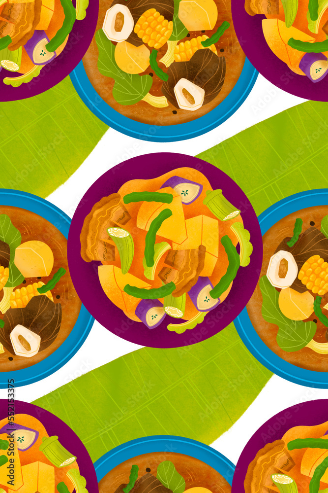 Filipino stews bulalo and pinakbet with banana leaves illustrated pattern Filipino stews bulalo and pinakbet with banana leaves illustrated pattern