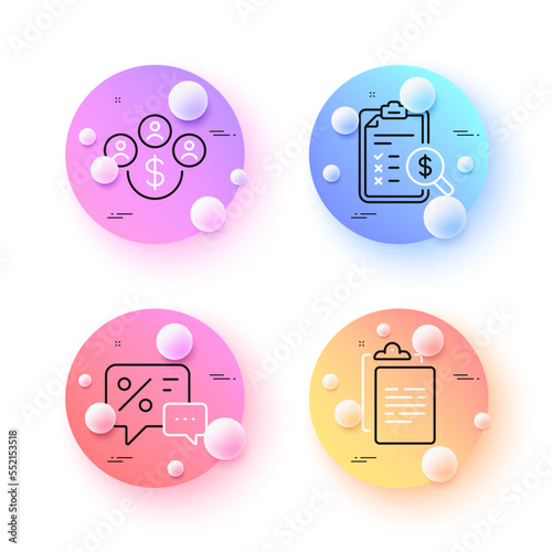 Clipboard, Discounts and Accounting report minimal line icons. 3d spheres or balls buttons. Buying currency icons. For web, application, printing. Survey document, Best offer, Check finance. Vector