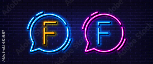 Initial letter F icon. Neon light line effect. Line typography character sign. Large first font letter. Glowing neon light speech bubble. Letter F glow 3d line. Brick wall banner. Vector