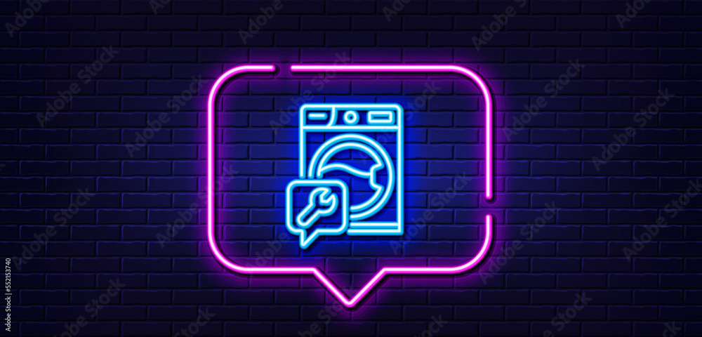 Neon light speech bubble. Spanner tool line icon. Washing machine repair service sign. Neon light background. Washing machine glow line. Brick wall banner. Vector Neon light speech bubble. Spanner tool line icon. Washing machine repair service sign. Neon light background. Washing machine glow line. Brick wall banner. Vector