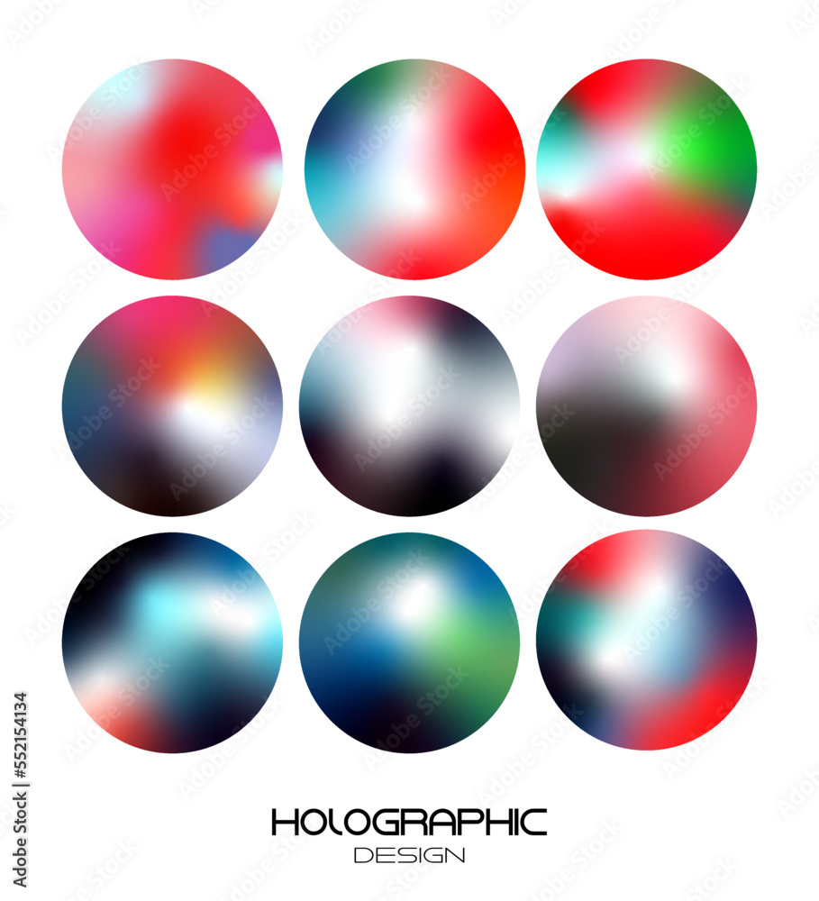 Gradient holographic round banners, colorful dynamic freform gradient circle vector set