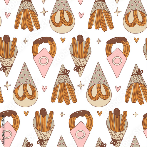Colorful Churros Seamless pattern. Various types of tasty churros. Traditional spanish food. Fried dough. Tejeringos. Hand drawn contour vector illustration. Cartoon vintage design. Sweet and salty