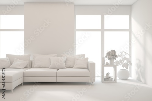 White minimalist living room with sofa. Scandinavian interior design. 3D illustration