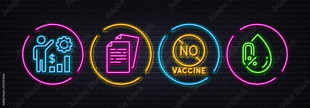 Documents, No vaccine and Employees wealth minimal line icons. Neon laser 3d lights. No alcohol icons. For web, application, printing. Office file, Covid-19 treatment, Results chart. Vector