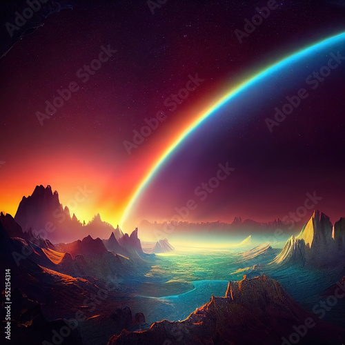 A fantasy alien landscape with rocky peaks and vibrant colorful galaxy sky. Dreamy rainbow concept art.