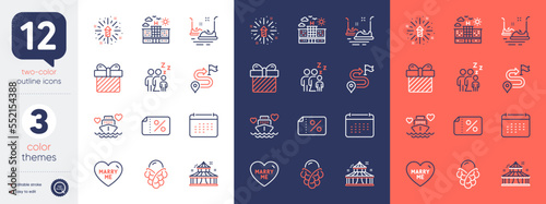 Set of Bumper cars, Calendar and Fireworks explosion line icons. Include Marry me, Ice cream, Circus icons. Surprise, Discount banner, Hotel web elements. Journey, Honeymoon cruise, Sleep. Vector