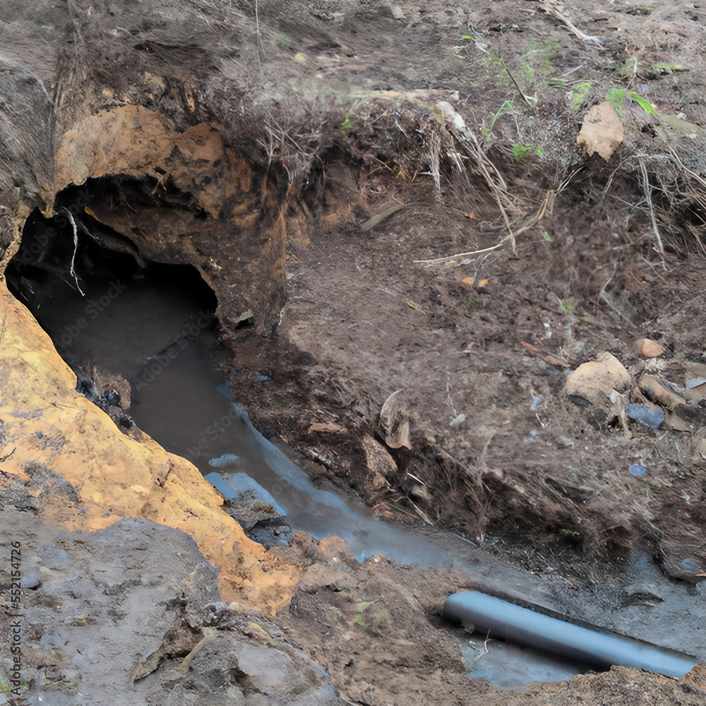 Fototapeta premium Generative AI illustration of a ruptured sewer wastewater line during excavation