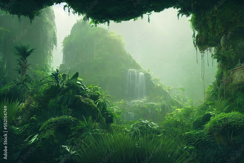 A lush Amazonian jungle clearing with stone Mayan temple ruins. Fantasy