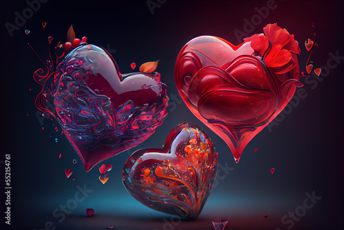 Valentines day festive background with red hearts over dark background