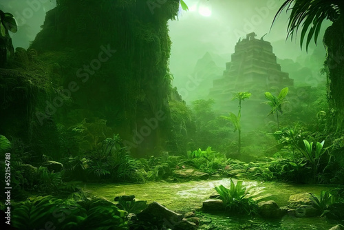 A lush Amazonian jungle clearing with stone Mayan temple ruins. Fantasy forest landscape with green trees and bushes. photo