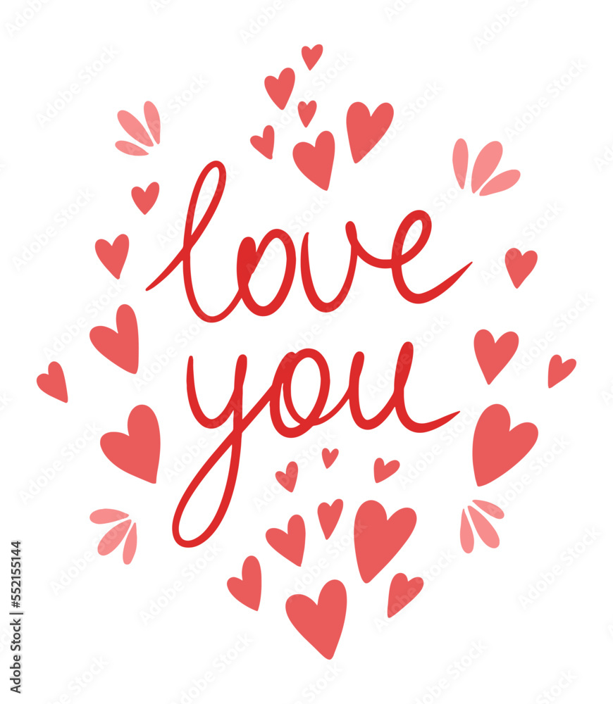 Love you hand drawn lettering with hearts for Valentine's day. Cute vector illustration Love you hand drawn lettering with hearts for Valentine's day. Cute vector illustration