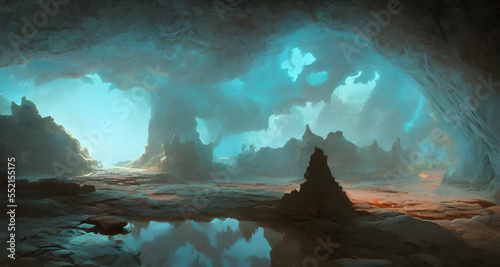 Ai Digital Illustration Inside a Cave With a Magnificent Glowing Lake View