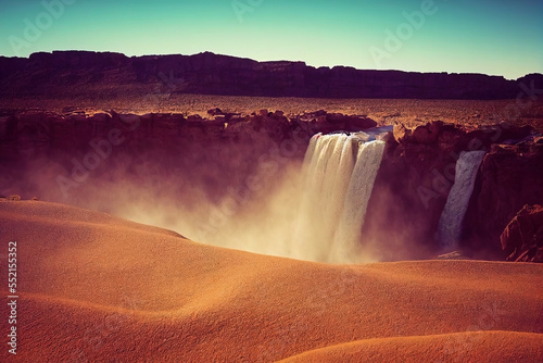 Waterfall in the middle of a dry barren desert landscape. Rushing water on a dry land. Warm sunny day.