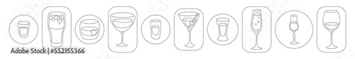 Vodka beer whiskey vermouth rum martini tequila champagne liquor wine wineglass in thin lines. Cartoon sketch graphic design. Doodle style. Black white hand drawn image. Party drink. Freehand drawing.