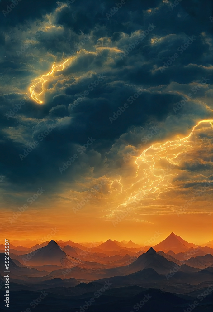 Fantasy landscape. Heaven and hell concept. Mountains and dark stormy sky. Sharp peeks.