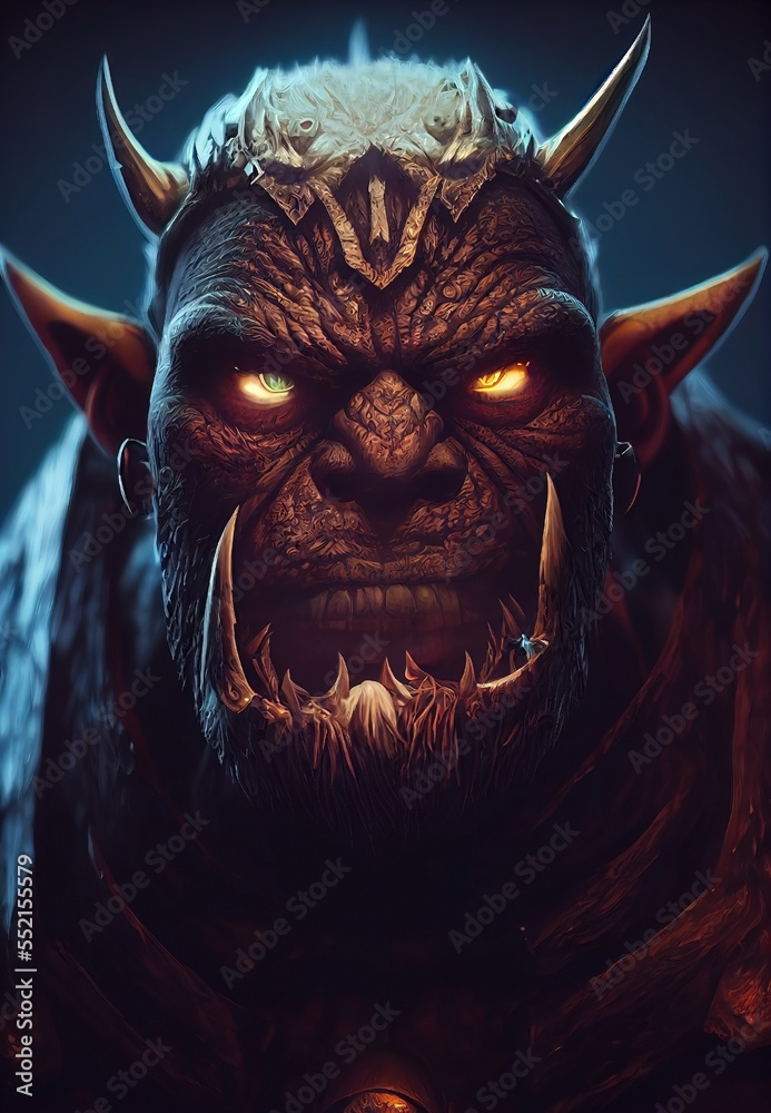 Angry looking orc troll mythological monster portrait. Horns and armor