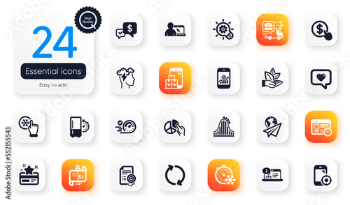 Set of Technology flat icons. Love message, Loyalty card and Payment received elements for web application. Food delivery, Journey path, Freezing timer icons. Roller coaster, Speedometer. Vector
