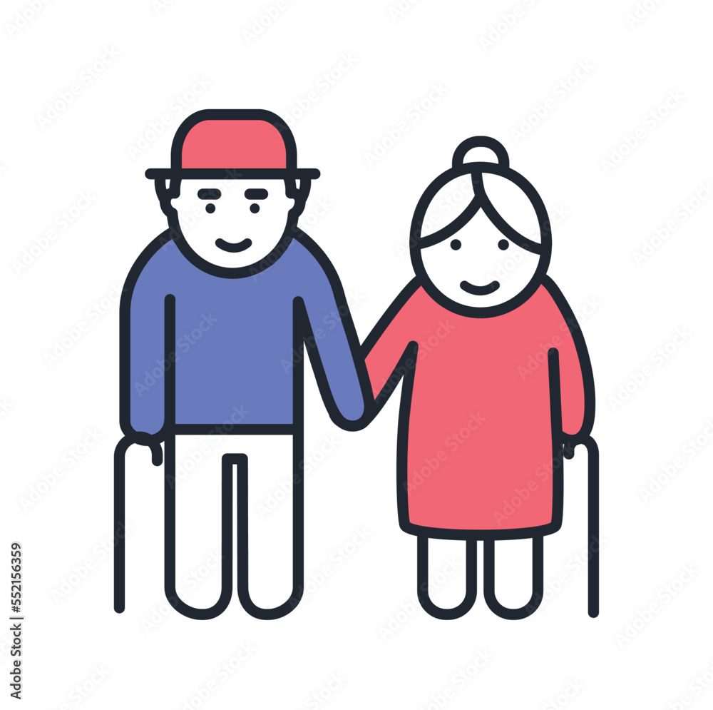 Color aged couple icon. Grandparents holding hands, love, care and support. Sticker for social media and reaction for messenger. Happy elderly family concept. Cartoon flat vector illustration
