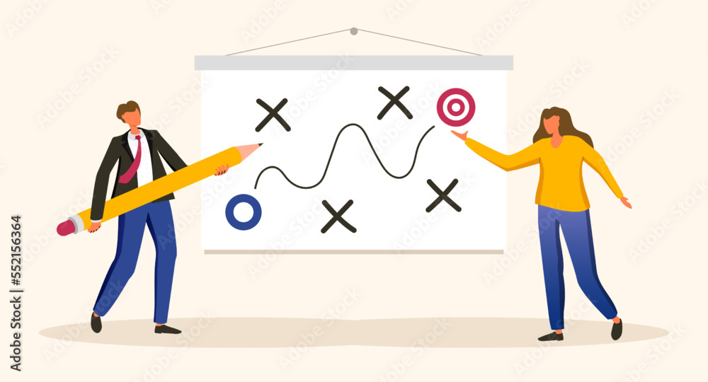 Strategy illustration man hold pencil and women. Planning for success, chaos way to target, team brainstorm for reach way to goal, business analysis, Strategy illustration man hold pencil and women. Planning for success, chaos way to target, team brainstorm for reach way to goal, business analysis,