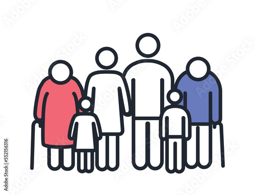 Color large family icon. Good relationship metaphor, grandfather and grandmother, father and mother and kids. Several generations, age. Poster or banner for website. Cartoon flat vector illustration