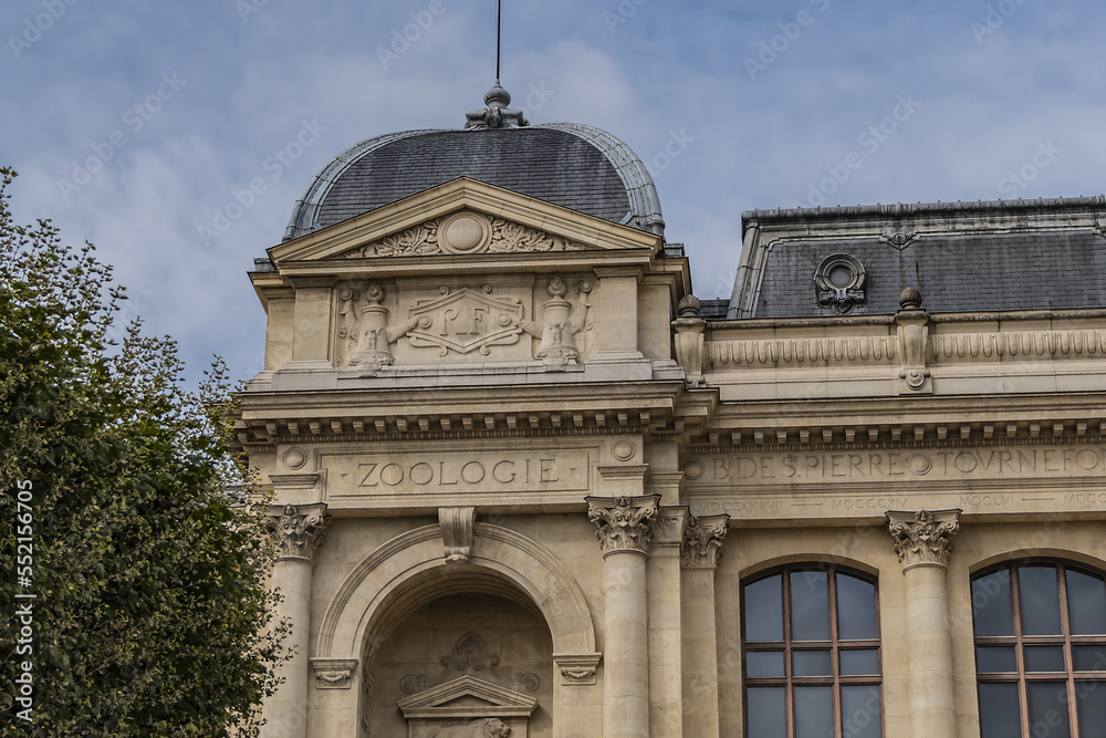 Architectural details of old Paris buildings: “Grand Gallery of the Evolution” - imposing Renaissance-revival building, built in 1889. Paris. France.