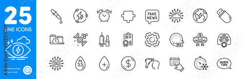 Outline icons set. Medical vaccination, Cloud network and Puzzle icons. Oil serum, Stress, Dollar money web elements. Green electricity, Quickstart guide, Sharing economy signs. Vector