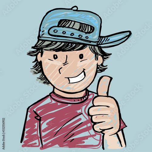 kid, smile boy, child, happy, positive, hand, hat, comic figure illustration, person, amusing, funny figure, mascot, charge, comics, drawing of person, character,