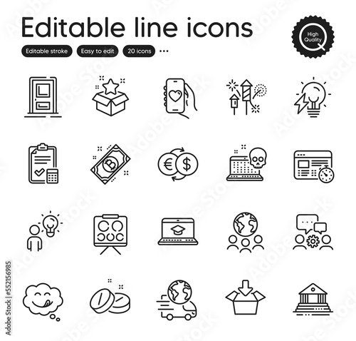 Set of Business outline icons. Contains icons as Electricity bulb, Yummy smile and Web timer elements. Fireworks rocket, Bitcoin, Get box web signs. Delivery service, Dating app. Vector